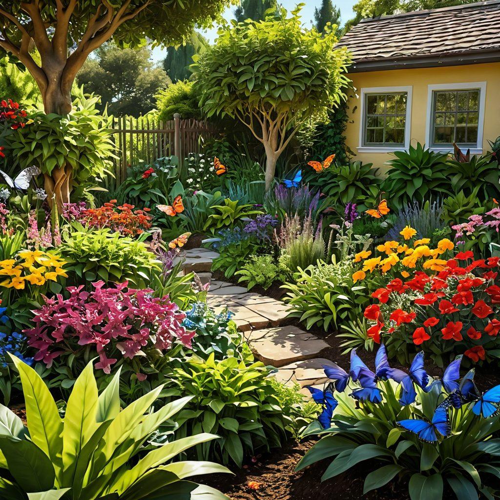 A vibrant and lush garden scene featuring diverse plants, flowers, and trees designed in a sustainable manner. Include a gardener joyfully tending to the plants, showcasing eco-friendly gardening tools and techniques. Bright sunlight filtering through the leaves, with butterflies and bees buzzing around. Captivating colors that evoke a sense of joy and harmony with nature. super-realistic. vibrant colors. 3D.