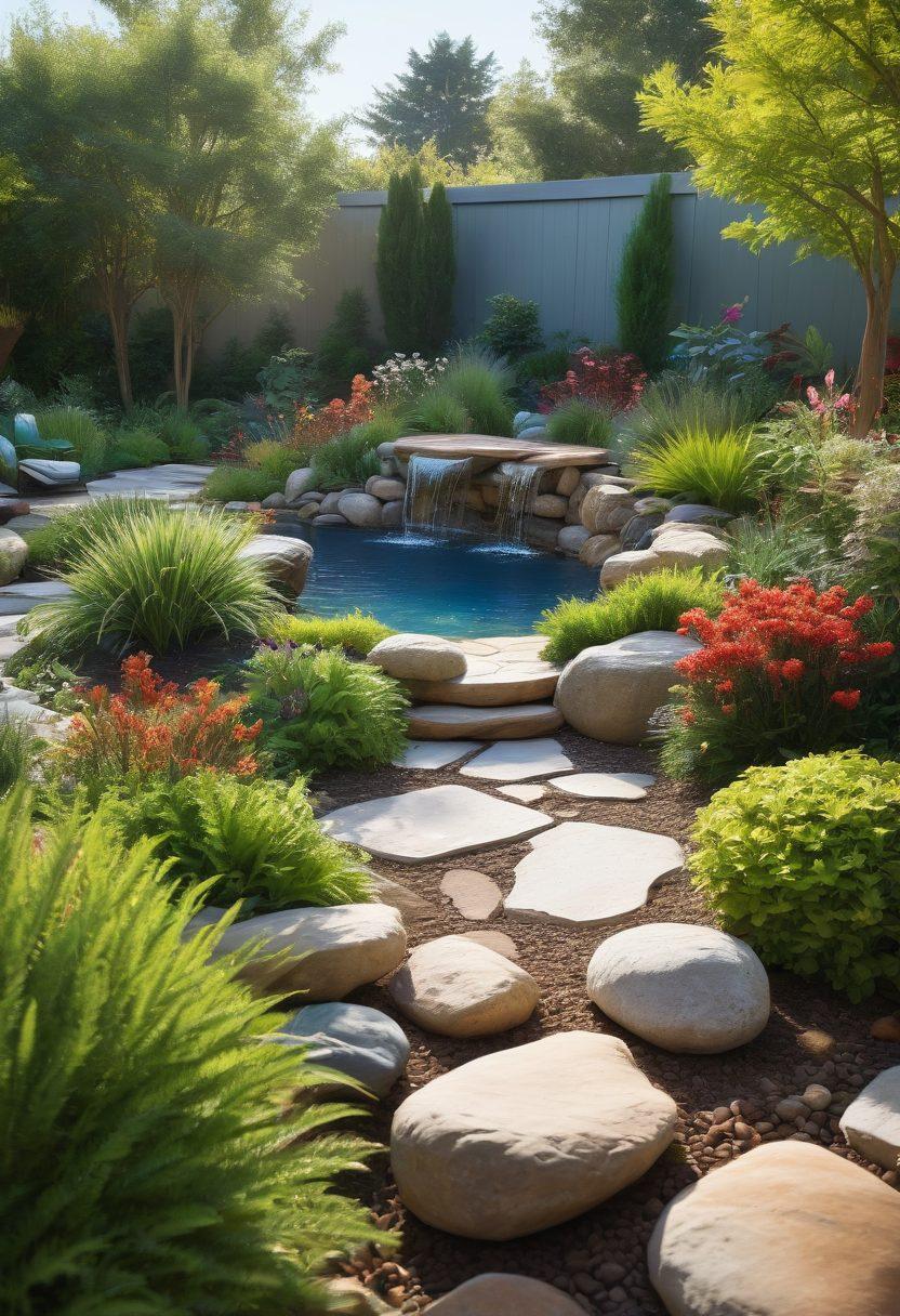 A serene garden landscape showcasing diverse innovative landscaping ideas: elegantly arranged flower beds, lush greenery, decorative rocks, and a stylish outdoor seating area. Include vibrant flowering plants, a tranquil water feature, and unique garden sculptures to inspire creativity. Clear blue sky and warm sunlight casting gentle shadows. super-realistic. vibrant colors. natural setting.