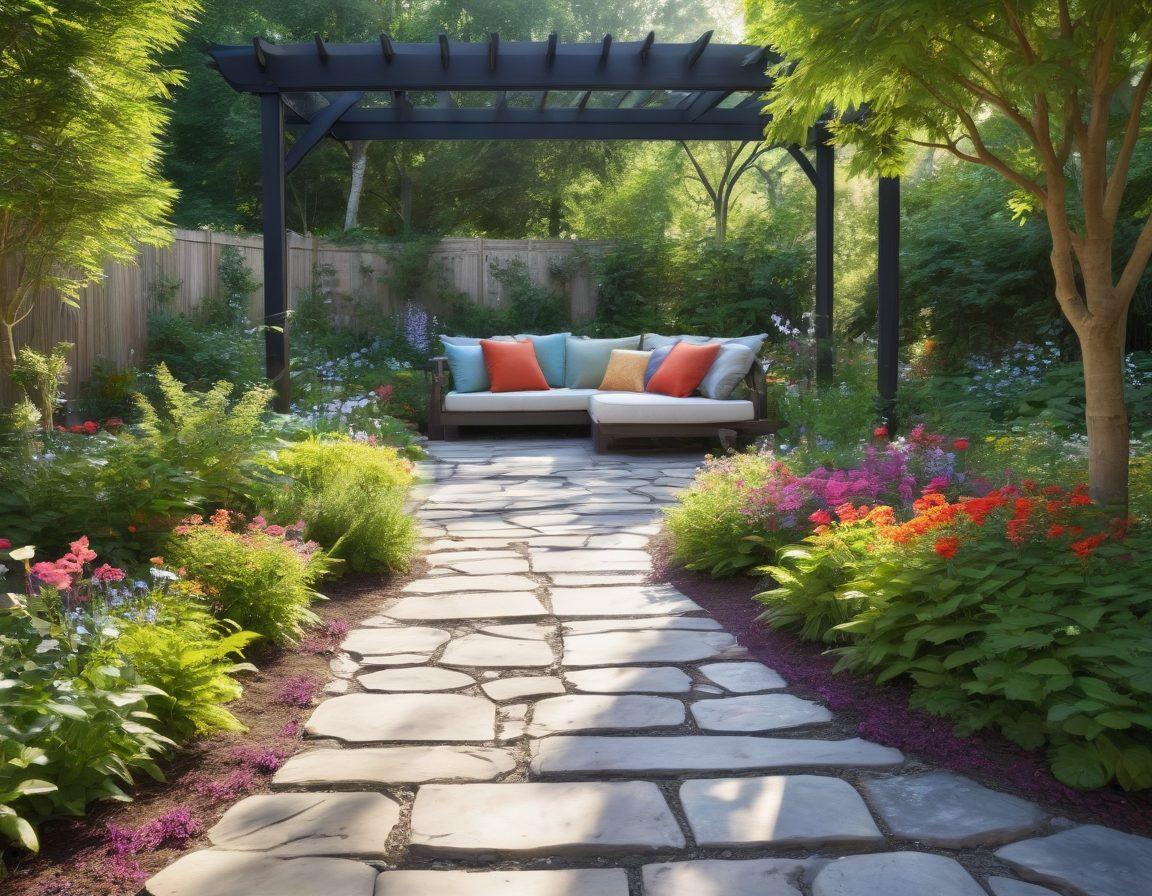 A serene backyard with a beautifully designed garden featuring vibrant flowers, lush greenery, and a soothing water feature. Include cozy seating with colorful cushions under a shaded pergola, surrounded by tall trees and fluttering butterflies, evoking a sense of tranquility and joy for nature lovers. Bright sunlight filters through the leaves, creating dappled shadows on the ground. super-realistic. vibrant colors. 3D.